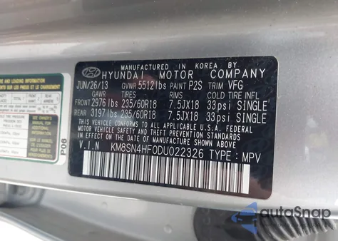 2013 Hyundai Santa Fe Gls из США, поврежденный, VIN KM8SN4HF0DU022326